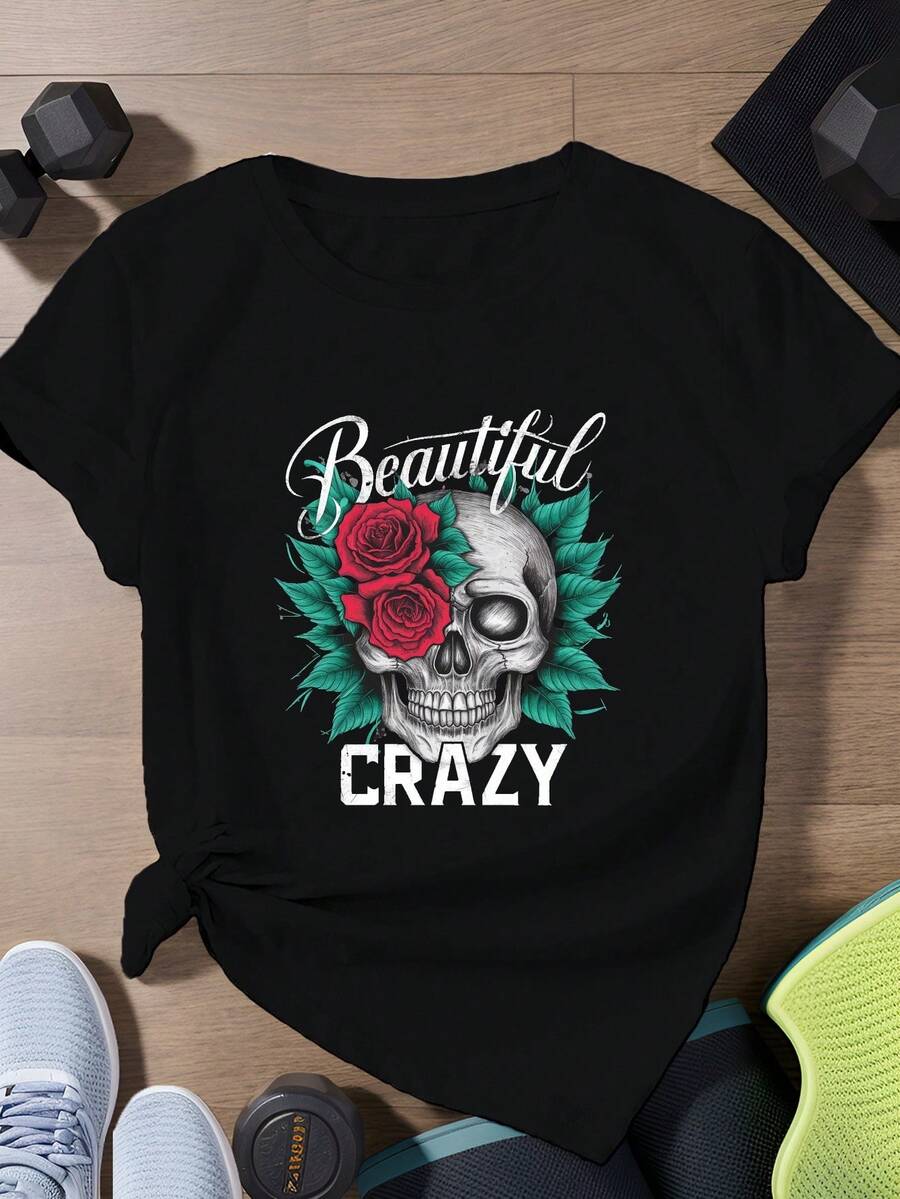 Unisex T-Shirt, Women's Short-Sleeved Sports T-Shirt, Comfortable And Stylish, For Sports And Everyday Life, With Letter And Skull Print, Women's Blouses, Women's T-Shirts, B - 黑色 - 查看 1