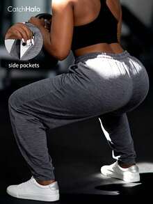 Plus Size Drawstring Solid Color Loose Jogger Pants With Pockets Spring Sports - Grey - View 6