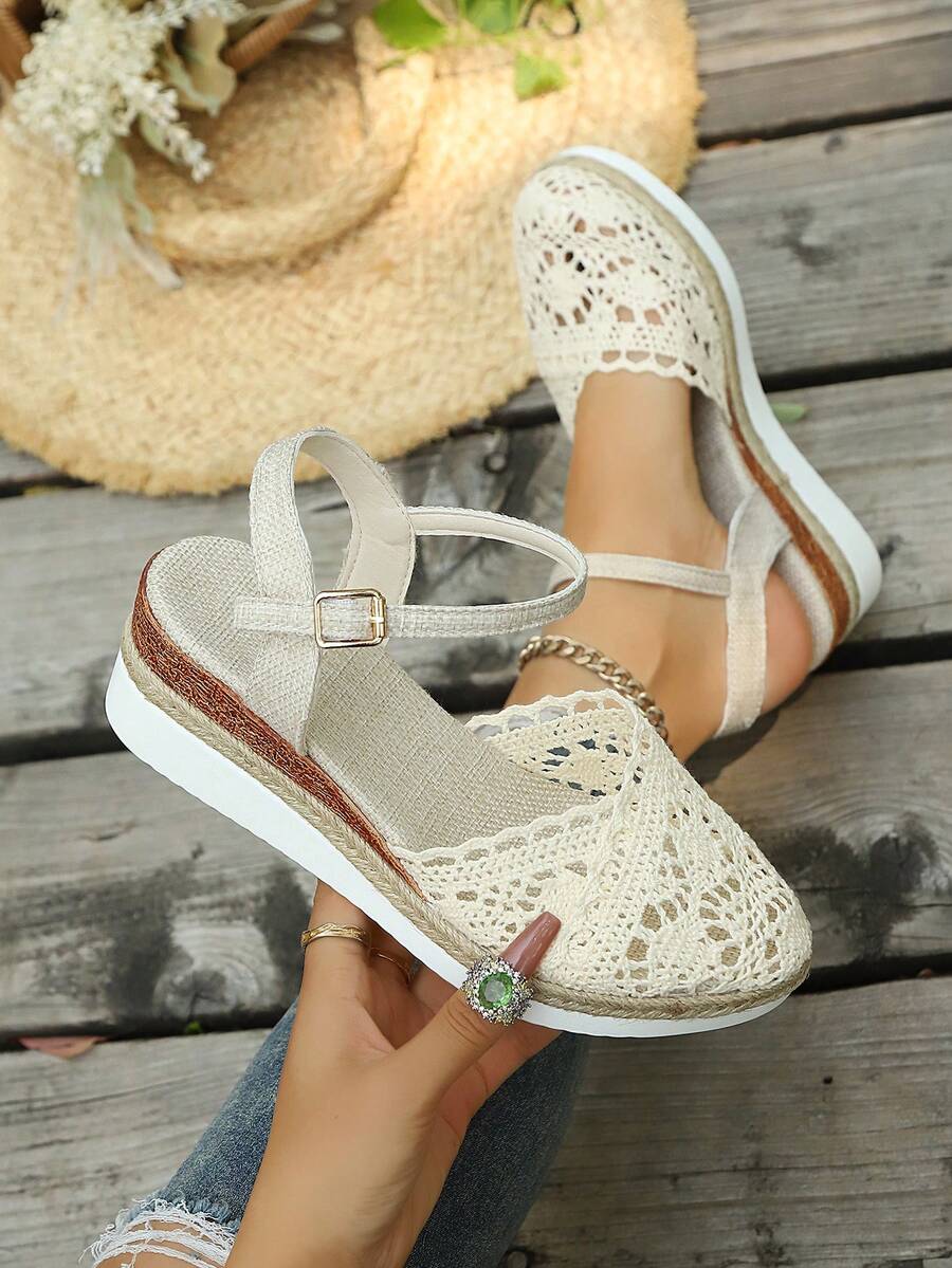 2026 Sommer Neue Stroh Geflochten Spitze Cut Out Dicke Sohle Keilabsatz Sandalen, geeignet für tägliches Tragen, Pendeln, Party, Urlaub, vielseitiger Stil - Beige - Übersicht 1