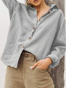 Spring/Summer 2026, European And American Fashion, Women's Loose Fit Long Sleeve Shirt With Reversible Collar In Cotton And Linen - 白色 - 查看 8