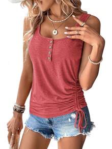 Plain T-Shirt With U-Neck, Buttons, Loose Fit, Short Sleeves, Drawstring, Women's Spring-Summer European-American - Coffee Brown - View 9