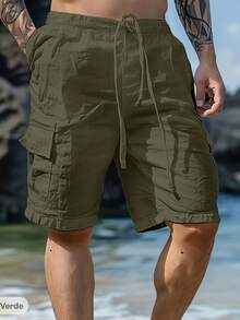 Pantalones cortos casuales de verano para hombre de color liso con bolsillos - Verde - Ver 1