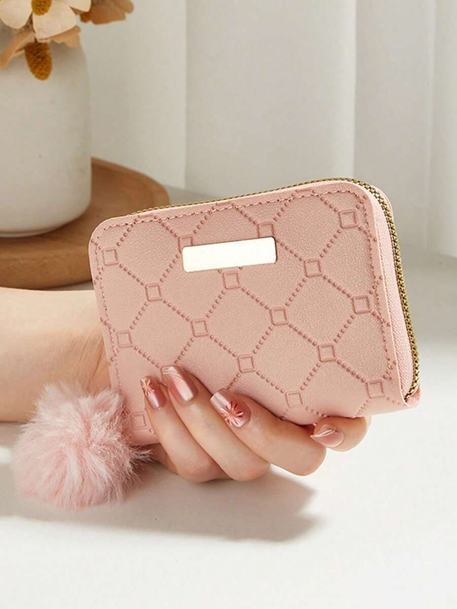 Short Zip Wallet In Faux Leather With Hearts And Clovers Print, Kawaii Coin Purse With Soft Pom-Pom For Women, Compact Card Holder For Everyday Use - 深色水洗藍 - 查看 1