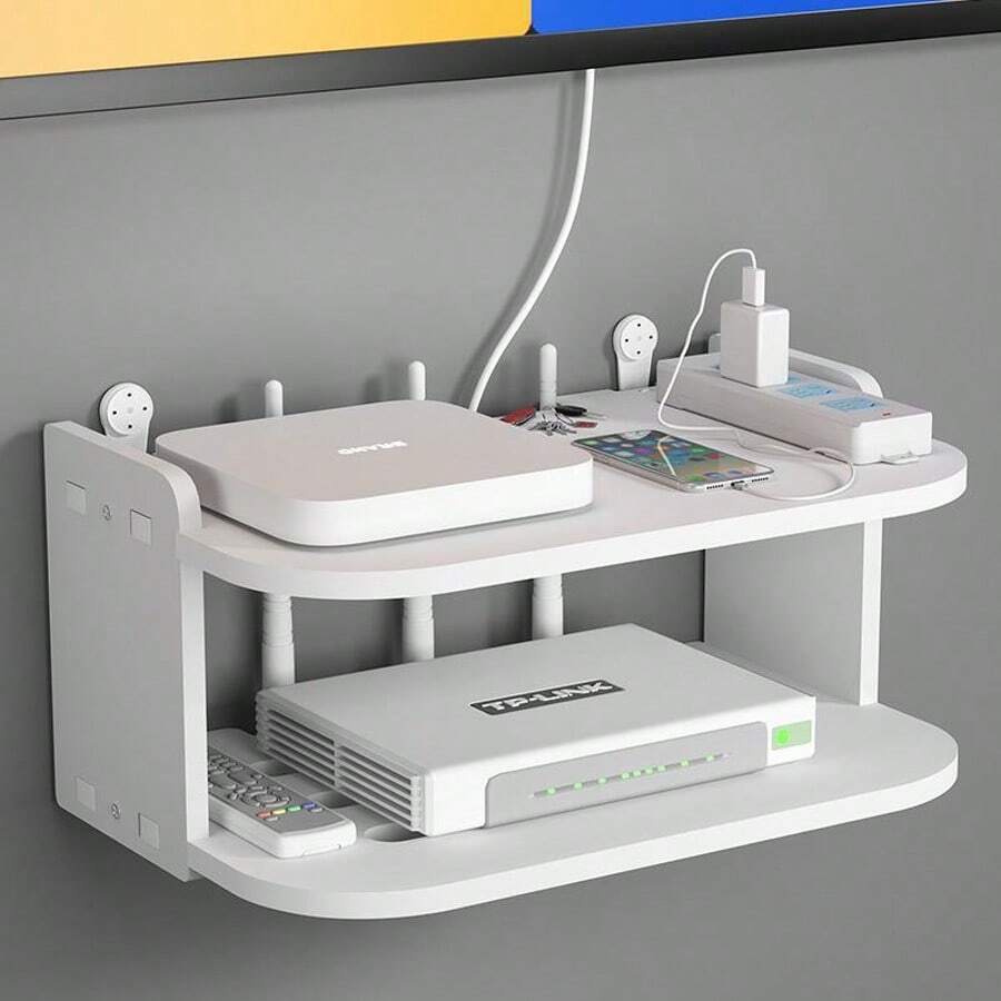 1pc Wall-Mounted Router & WiFi Organizer Rack - Cable Management Holder For Modem, Set-Top Box & TV Accessories | Space-Saving Decorative Storage Design, Ventilated | No Drilling Installation, Create Tidy Home/Office Layout, Practical Organizer
