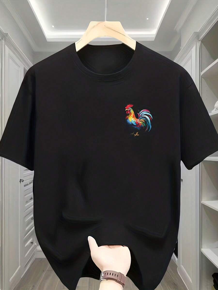 White Short-Sleeve T-Shirt With Colorful Rooster Print: A Unique Piece That Combines Artistic Animal Motifs With A Simple And Fashionable Style - 黑色 - 查看 1