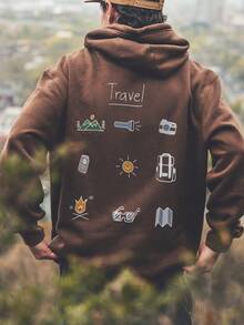 Men's Long-Sleeved Hoodie With Thermal Lining, Featuring A Print Of Forest Camping Elements And Outdoor Landscapes, Autumn/Winter - 棕色 - 查看 1