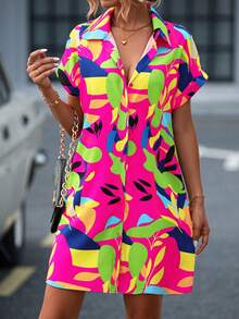 Women's Summer Shirt Dress, Modern And Colorful, With Floral Print, Short Sleeves And Button Front Closure. - Hot Pink - View 1