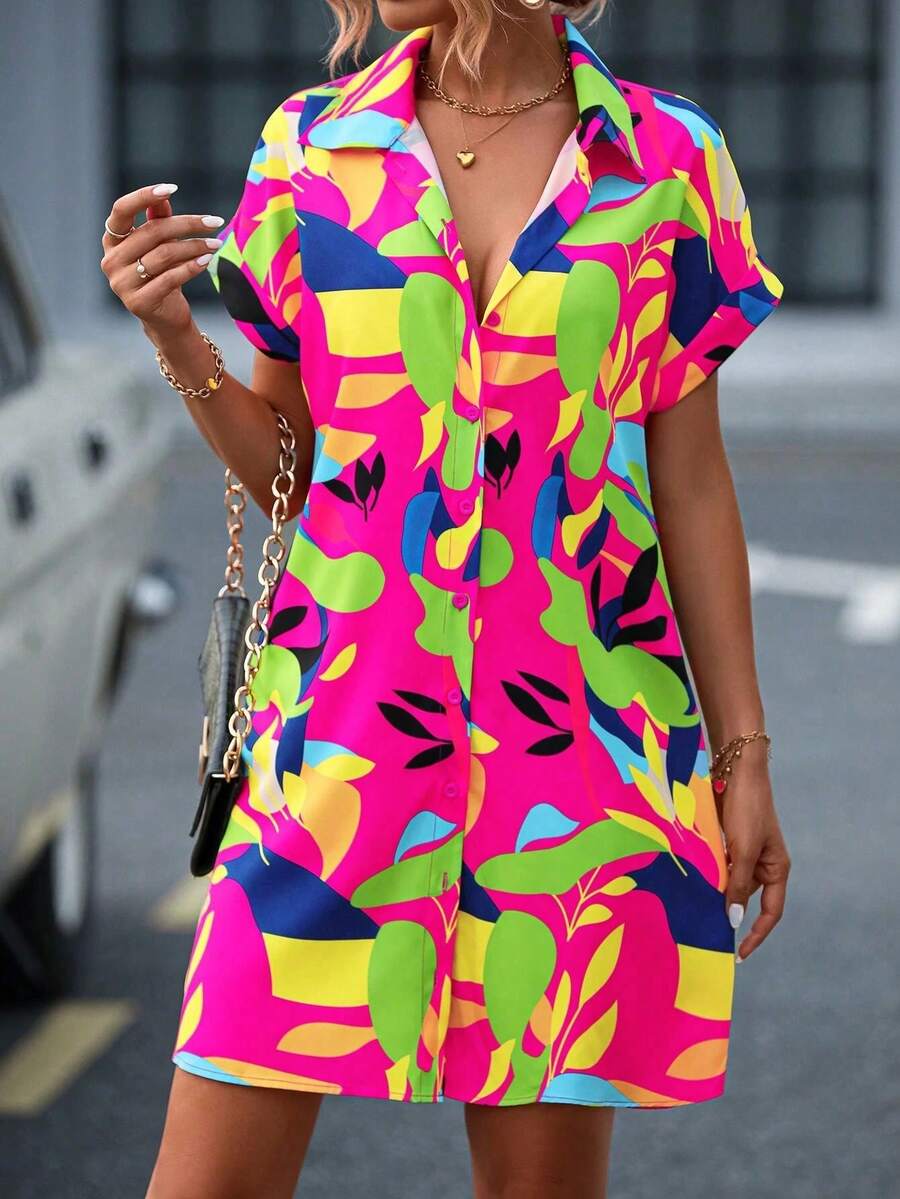 Women's Summer Shirt Dress, Modern And Colorful, With Floral Print, Short Sleeves And Button Front Closure. - Hot Pink - View 1