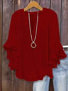 Size - Size - Women's Blouse With Ruffles And Three-Quarter Sleeves, Solid Color, Casual Loose Fashion, V-Neck, For Business - Merah - View 1
