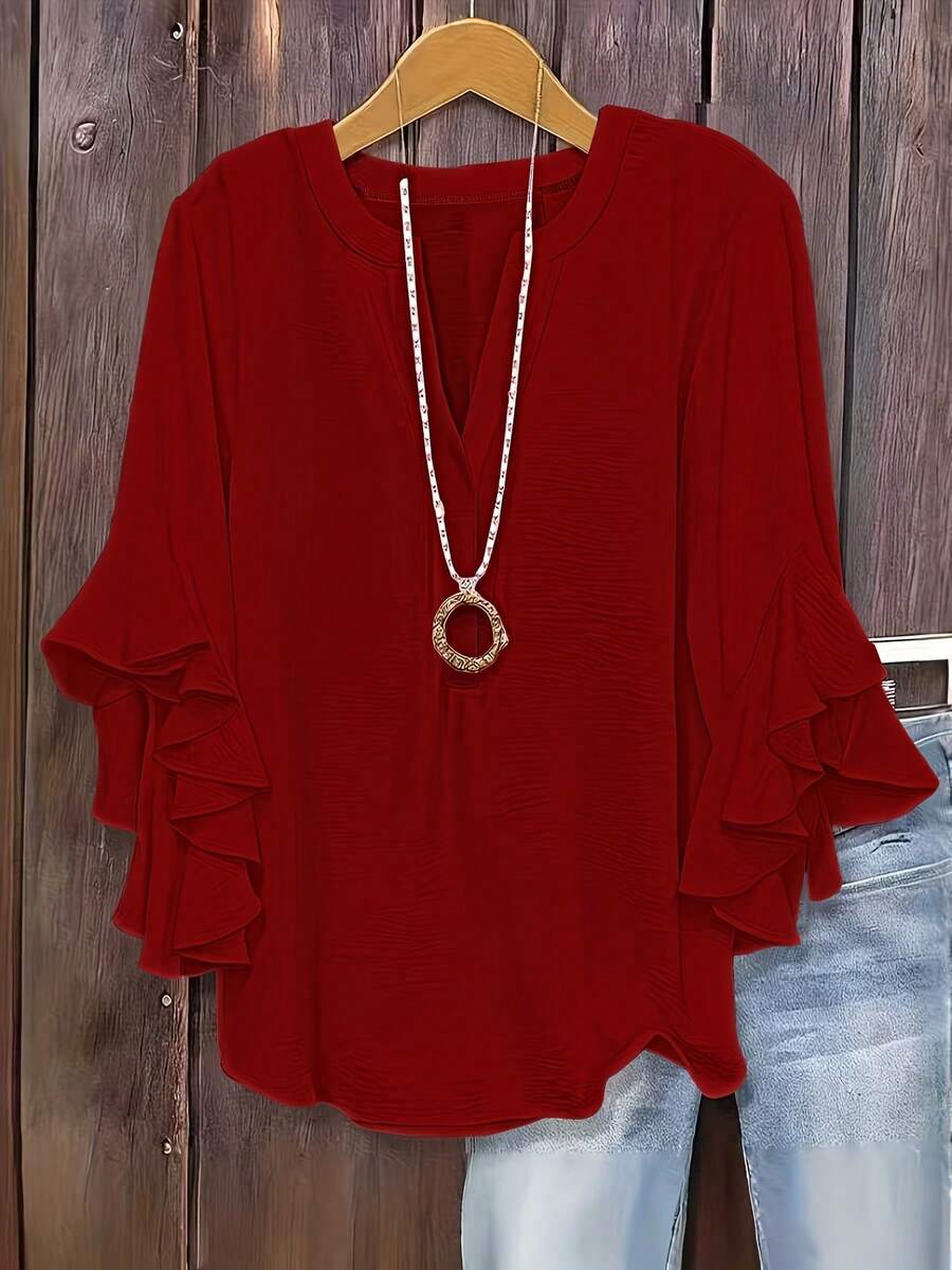 Size - Size - Women's Blouse With Ruffles And Three-Quarter Sleeves, Solid Color, Casual Loose Fashion, V-Neck, For Business - Merah - View 1