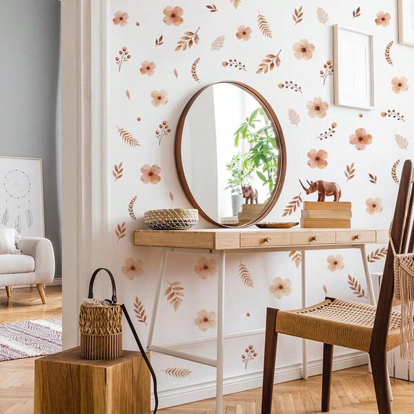 Watercolor Neutral Peach Floral & Dried Leaf Self-Adhesive Wall Decal, Removable Peel And Stick Botanical Wall Sticker, Bohemian Minimalist Wall Art Decor For Bedroom, Entryway, Vanity, Living Room, Apartment Home Renovation