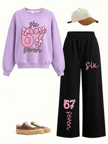 2pcs/Set Girls Coquette Style Outfit, 67 Cute Bow & Number Print Sweatshirt + Wide Leg Cuffed Sweatpants, Soft Spring Streetwear - Mauve Purple - View 2