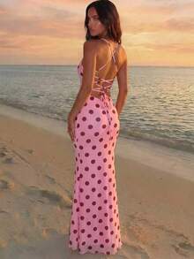 Elegant Women's Dress With Floral Print And Open Back, Summer Clothes, Beach Outfits For Women, Beach Vacation Clothes, Party Outfits, Bridesmaids - 玫紅色 - 查看 2