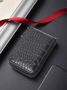 HOVI'S Men's Slim PU Card Holder - Stone Texture, Zipper Closure & Multiple Card Slots, Durable PU Material, Compact Portable Credit Card Organizer - Black - View 3