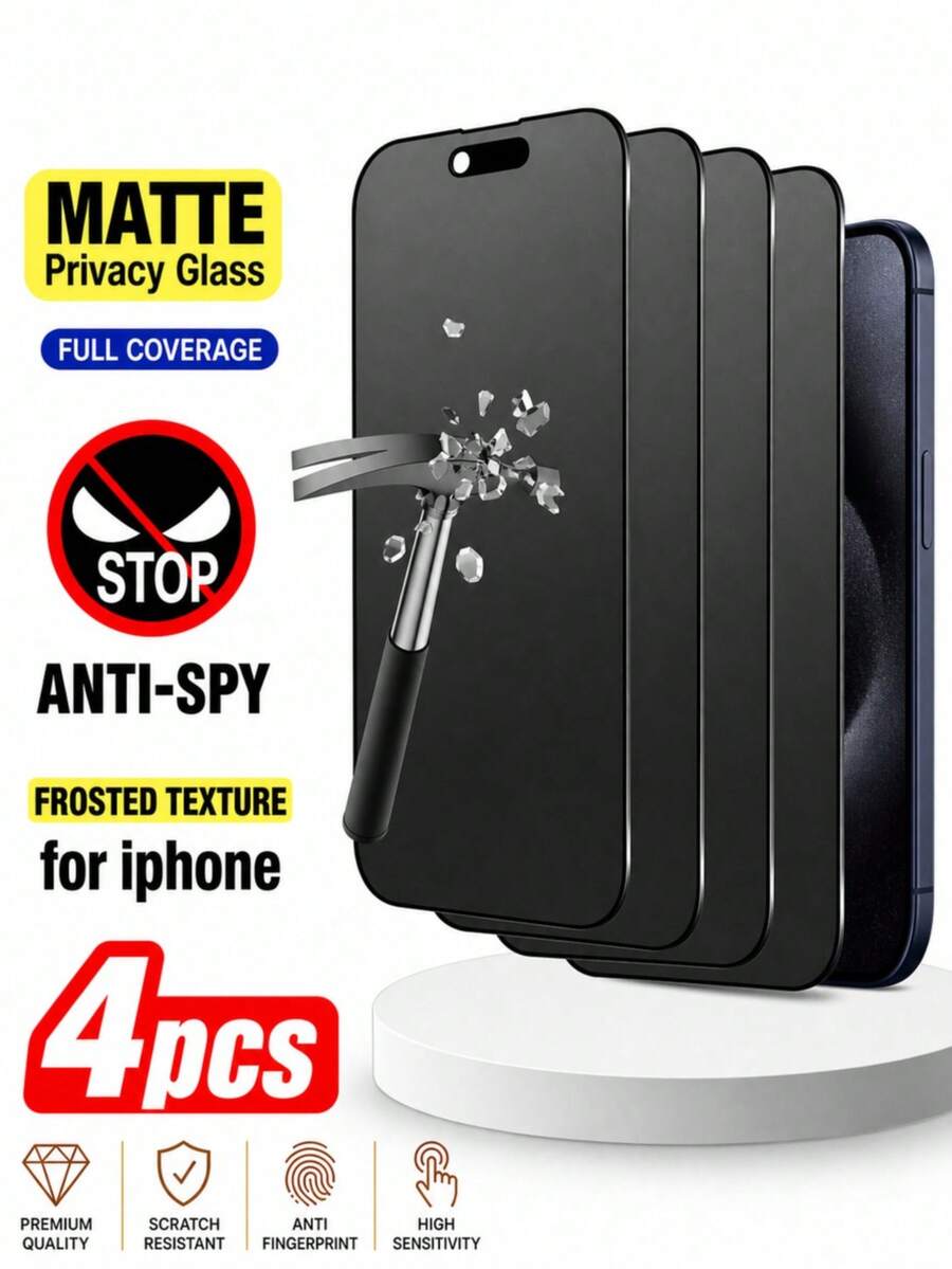 CASECOPS 4 piezas Protector de pantalla de vidrio templado esmerilado con privacidad de cobertura completa, con protección de borde de privacidad mejorada, resistente a caídas, resistente a arañazos, fácil de instalar, sin burbujas. Compatible con iPhone 17 Pro Max/17 Air/16 Pro Max/16 Plus/15 Pro/15/14/13/12/11, utilizando material de vidrio templado - 4 piezas - Ver 1