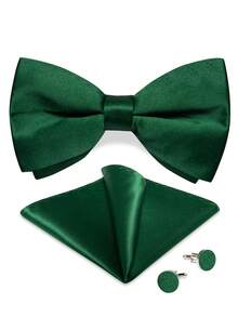 5Pcs Glossy Green Men Accessory Set, Bow Tie Pocket Square Cufflinks Brooch Detachable Ring, Random Cufflink Patterns, Suit Accessories For Wedding - Green - View 5