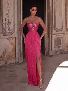 Elegant Solid Color Sequin Strapless Maxi Dress, Multi-Layer Fringe Hem, Luxury Evening Gown Suitable For Galas, Weddings Or Formal Occasions Spring Party - Hot Pink - View 7