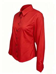 Camisa de manga larga de unicolor para mujer, con diseño de cuello para mostrar un aspecto profesional y capaz, hecha de tela cómoda. - Rojo - Ver 2
