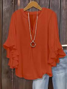 Size - Size - Women's Blouse With Ruffles And Three-Quarter Sleeves, Solid Color, Casual Loose Fashion, V-Neck, For Business - 紅色 - 查看 10