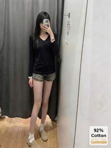 秋季女款 2 件組 92% 棉 V 領修身長袖 T 恤，黑色 + 淺灰色純色百搭舒適內搭上衣，休閒百搭修身上衣，適合秋冬 - 黑色+花灰色 - 查看 7