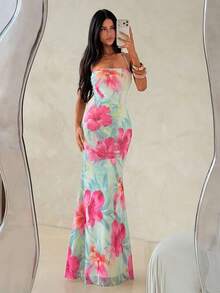 Elegant Women's Dress With Floral Print And Open Back, Summer Clothes, Beach Outfits For Women, Beach Vacation Clothes, Party Outfits, Bridesmaids - 珊瑚粉 - 查看 7