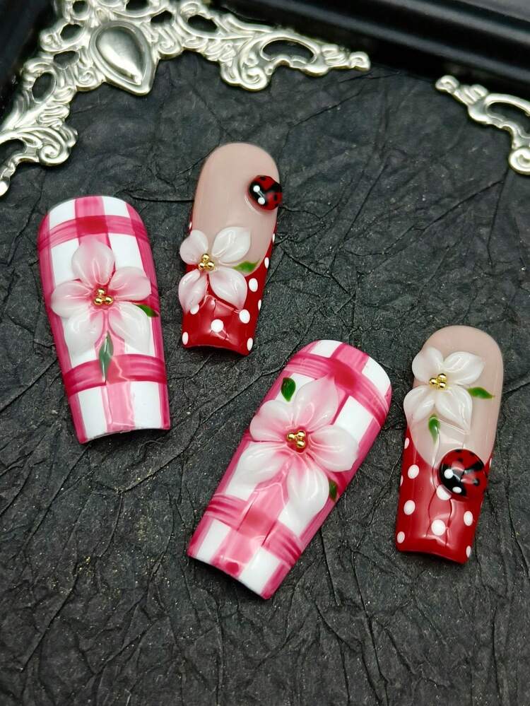 DIY Y2K 假指甲 10片裝 花朵美甲 長方型 手工壓克力穿戴甲 法式指尖 手繪 3D 手工圓形與花朵 金屬金波紋 適合派對/節日使用 女性/女士佩戴 附贈凝膠貼片與指甲锉 - 紅白色 - 查看 7
