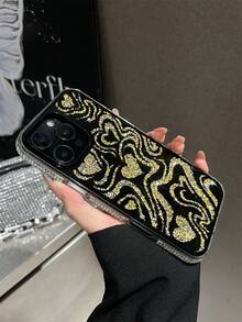 1pc Luxury Super Shiny Rhinestone Digital Phone Case, Heart-Shaped Phone Case, Mirror Decor Phone Case, Shockproof Phone Case, Compatible With IPhone 12/13/14/15/16/17 Series, Thanksgiving And Valentine's Day Surprise - Gold - View 4