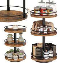 This Three-Tiered, 360° Rotating Wooden Storage Rack Features A Space-Saving Vertical Design And Sturdy Metal Construction. Suitable For Kitchens, Bedrooms, And Living Rooms, This Multi-Functional Rack Can Hold Spices, Cosmetics, Or Books. - Brown - View 1
