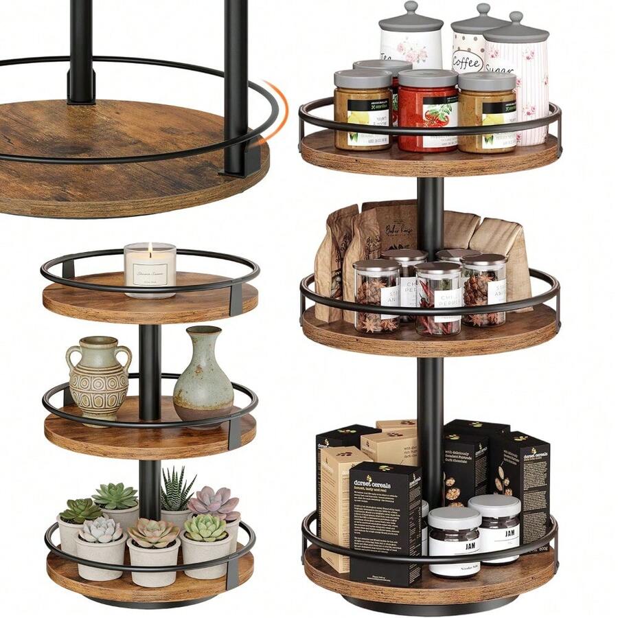 This Three-Tiered, 360° Rotating Wooden Storage Rack Features A Space-Saving Vertical Design And Sturdy Metal Construction. Suitable For Kitchens, Bedrooms, And Living Rooms, This Multi-Functional Rack Can Hold Spices, Cosmetics, Or Books. - Brown - View 1