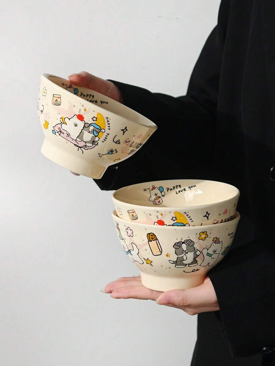 1pc/2pcs Cute Creamy Color Cartoon Goodnight Puppy Print Ceramic Bowl, Ins Korean Style Healing Cute Girl Heart Rice Bowl, Home Glazed Underglaze Tableware, Single Person Rice Yogurt Cereal Fruit Salad Bowl, Student Dorm Rice Bowl, Cute Girl Heart Daily Home Gift Tableware - Multicolor - View 1