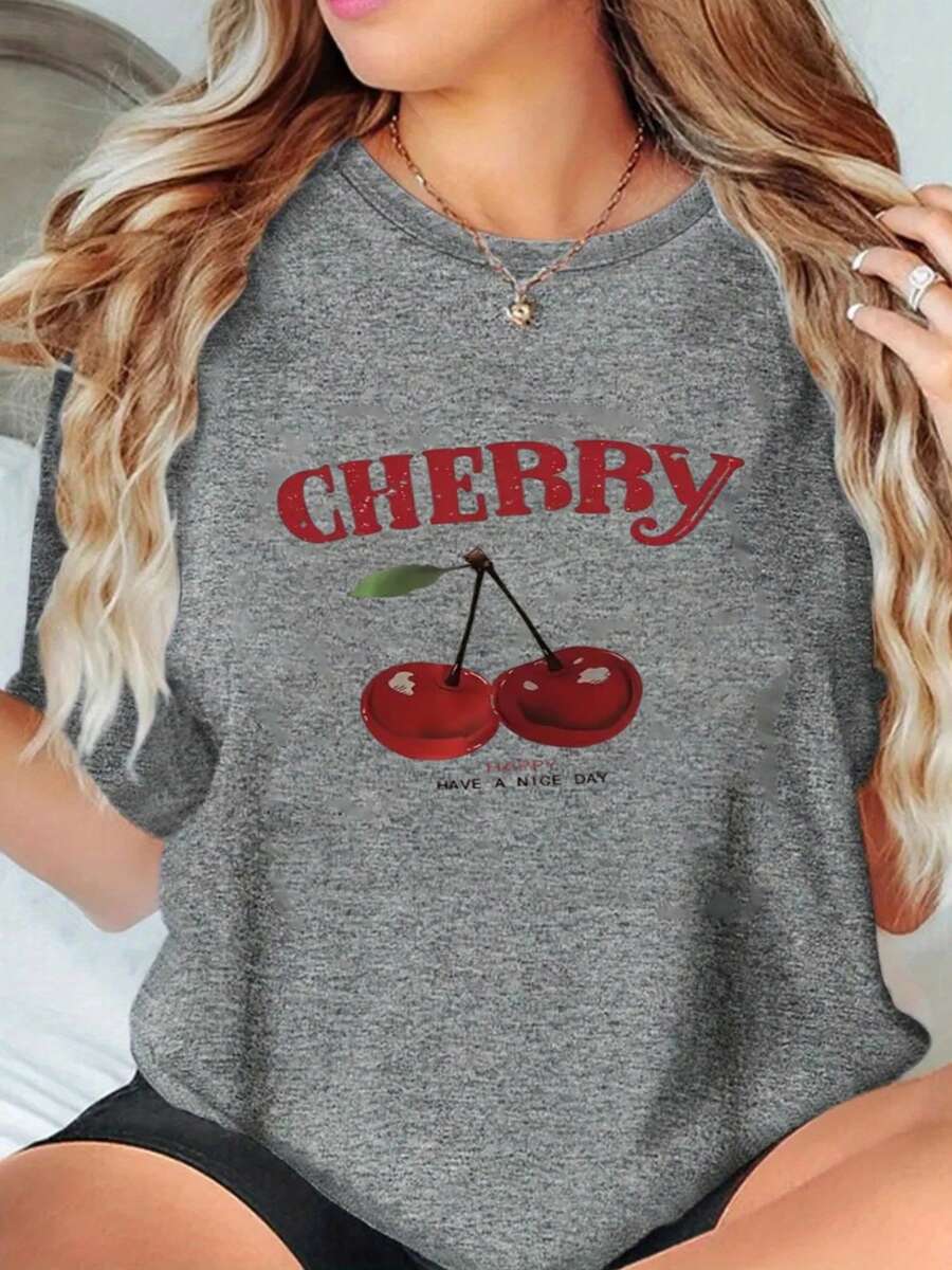 Women's Cherry Print T-Shirt - Casual Sporty Style, Soft And Breathable, 95% Cotton, 5% Polyester, 180g, Printed Design, Fresh Summer Look, Cute And Fun, Fashionable And Eye-Catching, Comfortable And Casual. KNWG - 灰色 - 查看 1