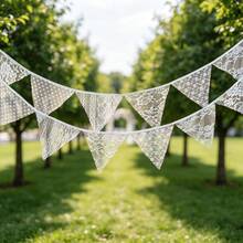 White Floral Lace Garland, Lace Triangle Bunting Banner, 1 Piece With 12 Flags, Bohemian Vintage White Floral Fabric Triangle Lace Flag Garland, Suitable For Wedding, Bridal Shower, Valentine's Day, Birthday Party, Garden Tea Party Decoration - View 1