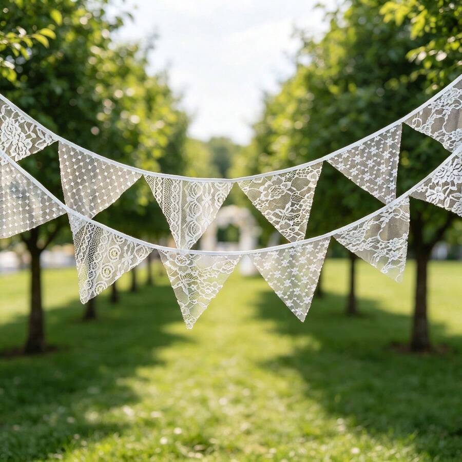White Floral Lace Garland, Lace Triangle Bunting Banner, 1 Piece With 12 Flags, Bohemian Vintage White Floral Fabric Triangle Lace Flag Garland, Suitable For Wedding, Bridal Shower, Valentine's Day, Birthday Party, Garden Tea Party Decoration - View 1