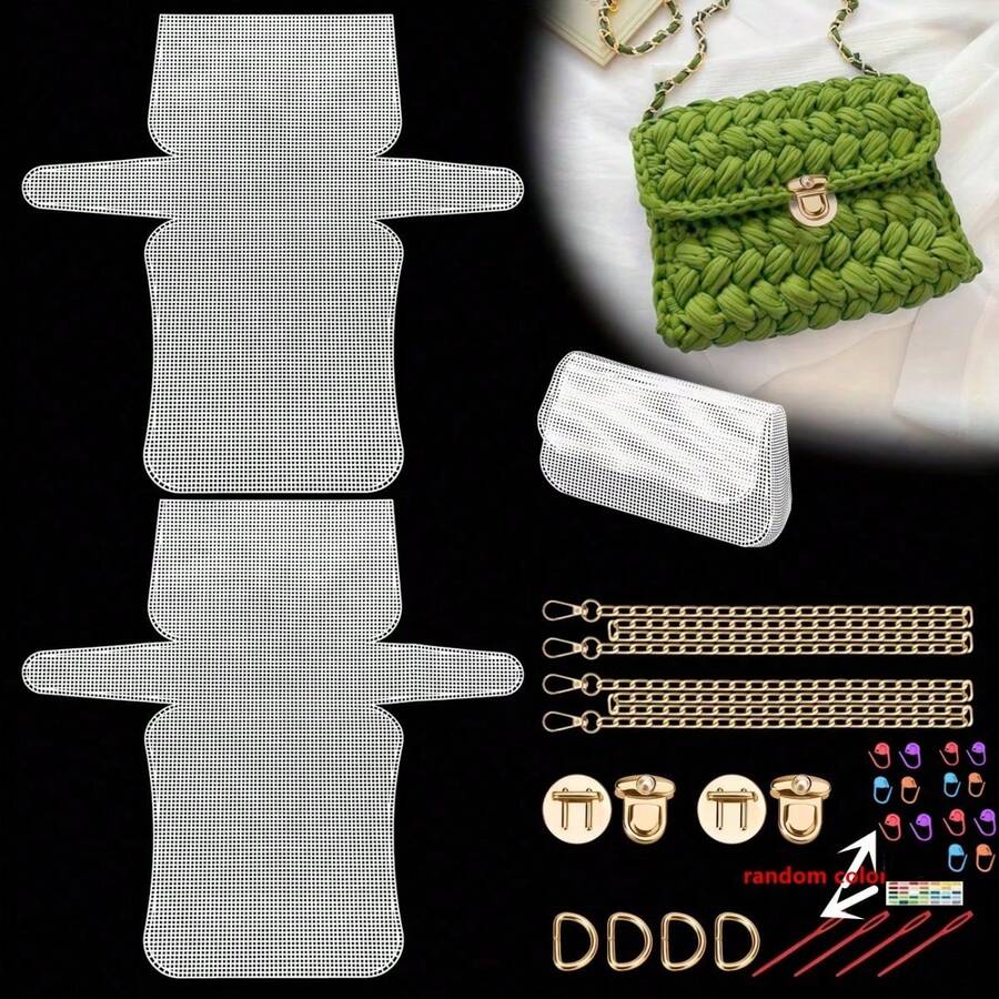 2pcs Large Pre-Cut Plastic Mesh Fabric Set (2 Mesh Templates + 2 Metal Chains + 4 Large Hole Plastic Needles + 14 Positioning Buckles + 4 D-Rings + 2pcs Of Snap Fasteners), Reusable Transparent Woven Mesh, Suitable For DIY Crochet/Knitting And Handbag Making, Ideal Gift For Craft Enthusiasts - Default - View 1