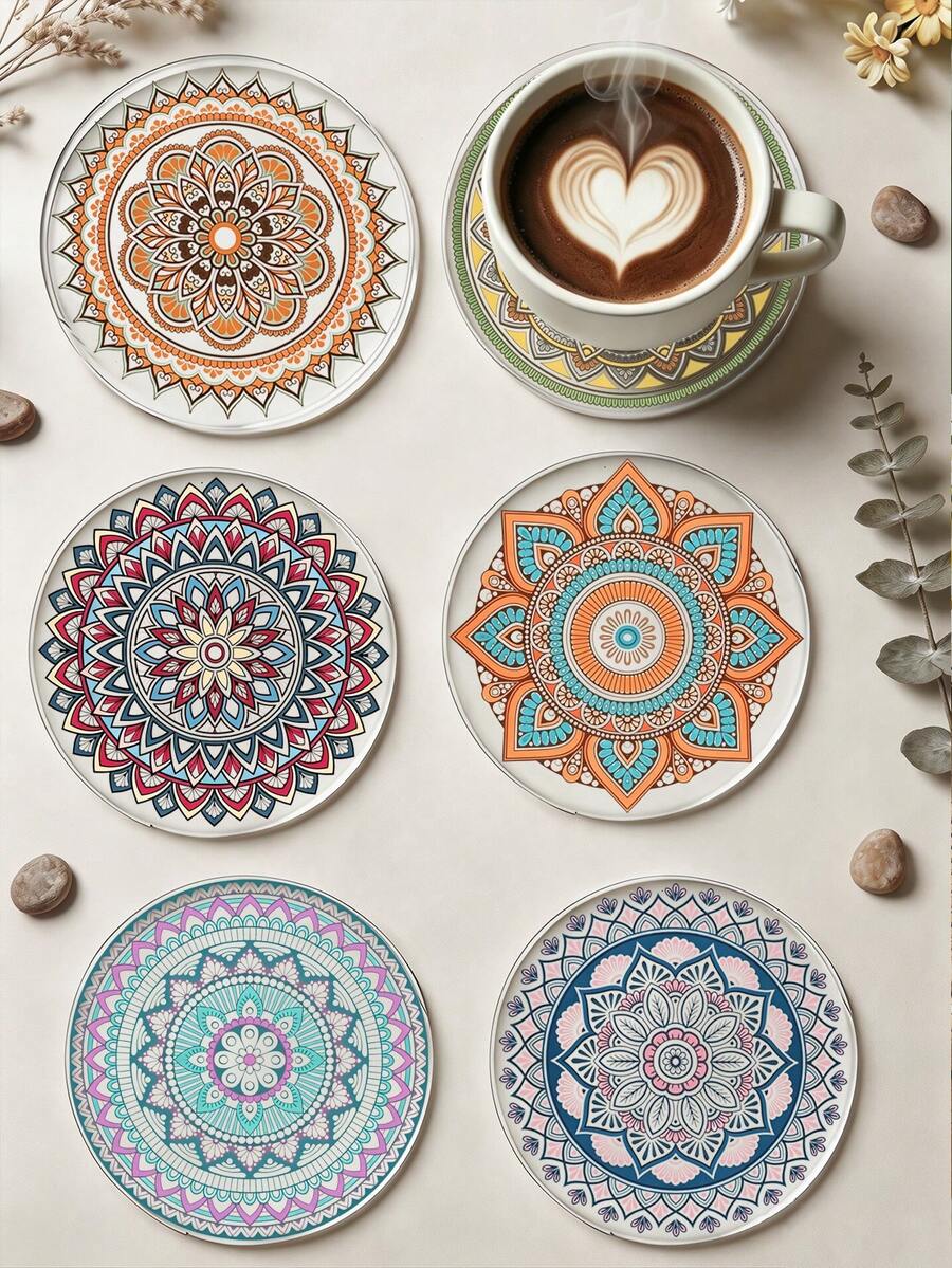 Set da 6/1 pezzi di sottobicchieri in acrilico trasparente con motivo mandala, rotondi, resistenti al calore, antigraffio e isolanti termici, sottobicchieri decorativi floreali bohémien per protezione della scrivania, adatti per casa, cucina, bar, ufficio, tazze da tè e bevande, decorazione da tavolo per la casa - Multicolore - Visualizzare 1
