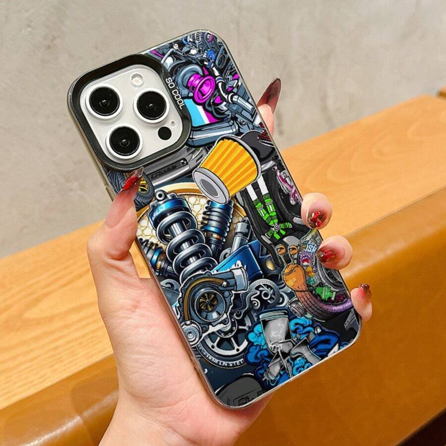 1 pieza Funda de teléfono con patrón de carreras en negro & plata compatible con teléfonos Apple - Multicolor - Ver 1