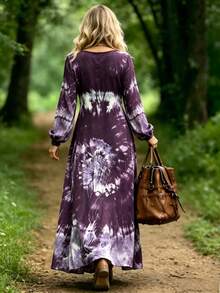 Gaun Malam Formal Wanita Ukuran Besar dengan Leher Bulat dan Lengan Panjang, Motif Tie-Dye - Purple - View 3