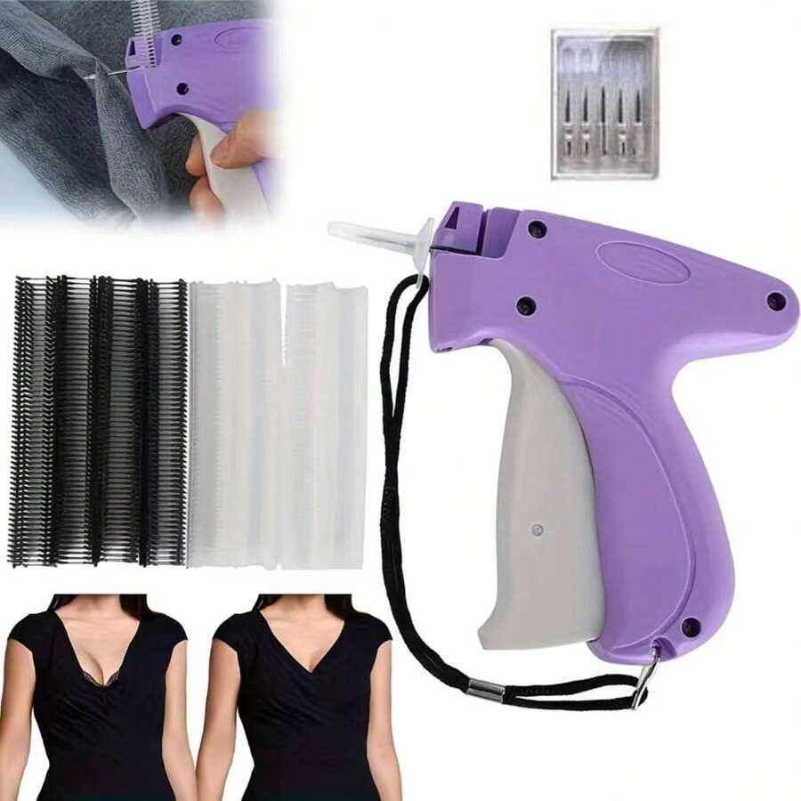 Quick Clothing Repair Tool, Sewing Machine Pre-Consultant, Quilt Fixing Gun, Micro Stitching Gun, Mini Hemming Gun, Micro Label Stitching Tool For Clothing (1 Label Gun + 6 Needles + 500 White Glue Pins + 500 Black Glue Pins)