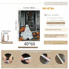 1 pieza Arte de pared en lienzo, decoración de pared enmarcada, fantasma blanco vintage sentado en un porche de madera con linterna de calabaza, hojas de arce y telaraña, póster popular de atmósfera de terror pastoral de otoño de Halloween, pintura decorativa colgante vintage sin marco, adecuada para decoración del hogar moderno, decoración de habitación, decoración de dormitorio, decoración de sala de estar, decoración de baño, decoración de cocina - Fantasma de calabaza - Ver 16
