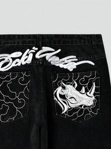 Grunge Goth Y2K Style Men's Casual Embroidered Loose Wide Leg Versatile All-Season Denim Jeans, Fashionable Personalized Street Youth Sport Hip-Hop Rap Academy Style, Suitable For Work Commute Stage Performance Friends Gathering Outdoor Wear - Dark Grey - View 2