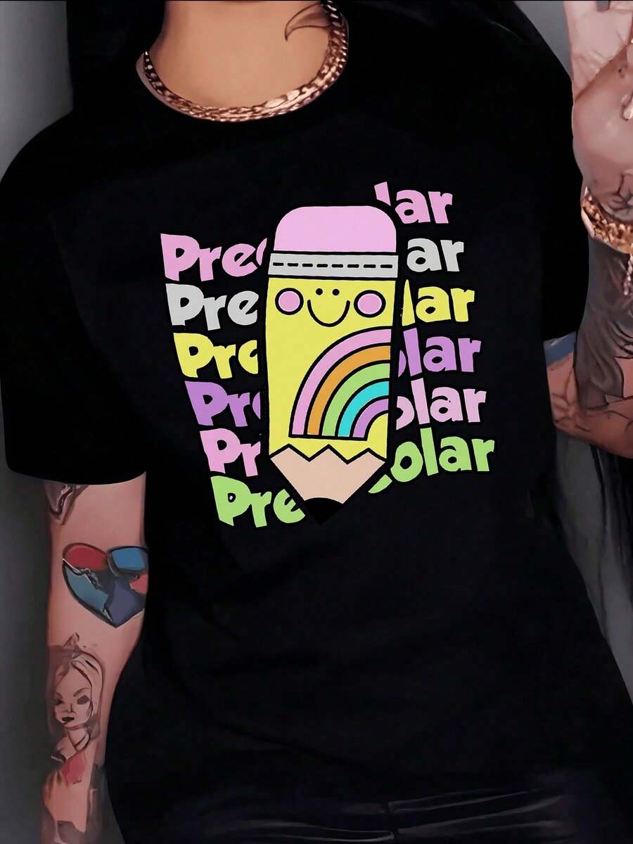 Women's Clothing. A Smiling Pencil With A Rainbow Symbolizes Creativity And Childlike Joy, Inspiring Optimism And Positive Energy. Women's T-Shirt, 100% Cotton, Comfortable Women's Shirts - 黑色 - 查看 1