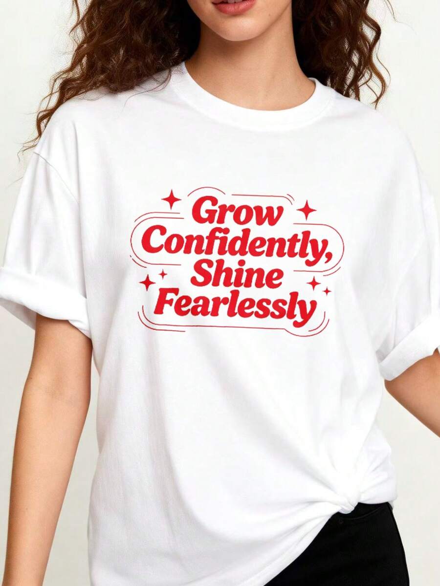 Best-Selling Women's T-Shirt: Casual And  Loose-Fitting Crew Neck T-Shirt. Grow With Confidence, Shine Without Fear. Inspirational Quotes. Summer Clothing. Gift For Her - 白色 - 查看 1