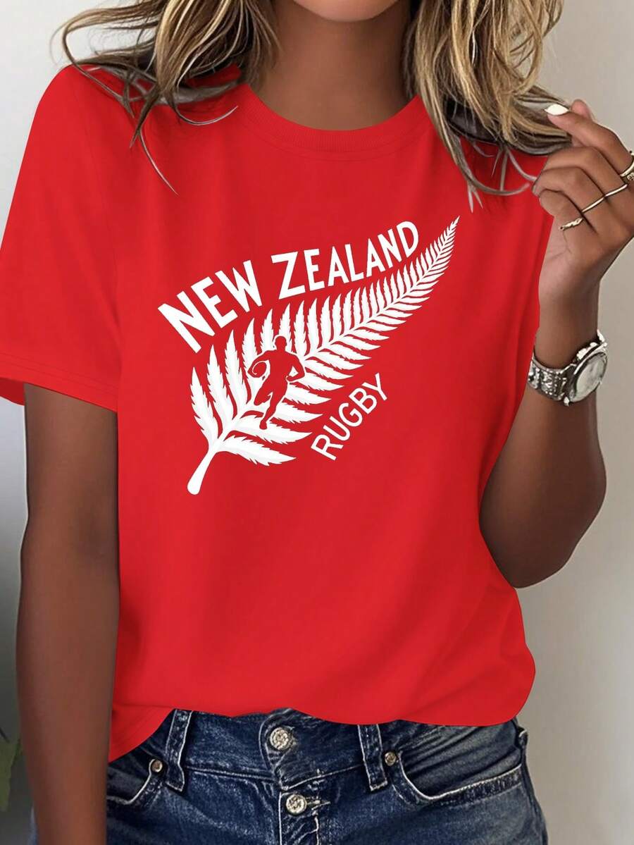 Pure Comfortable Women's T-Shirt Featuring The Iconic New Zealand Rugby Union Logo - [Red] - View 1