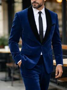 Men Suit Contrast Panel Shawl Collar Velvet Blazer Pants 2pcs Set Royal Blue Slim Fit Fashionable For Wedding Business Party Formal Occasion Size XS-XXXL Fall Winter Clothes Prom Party Christmas Eve Costumes For Men - 寶藍色 - 查看 1