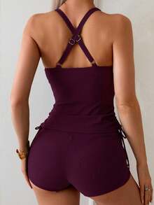 Women's 2-Piece Tankini Swimsuit Set With Crisscross Back Top And Side-Ruched Bottom, New Year - Apricot - View 1