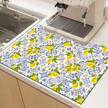 1pc, Home Decor, Lemon Plaid Pattern Printed Dish Drying Mat, Coffee Machine Absorbent Mat, Sink Drainage Mat, Cup Absorbent Mat, Kitchen Supplies, Bathroom Supplies, Kitchen Countertop Decor - Multicolor - View 8