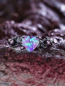 2pcs/Set, Vintage Purple Heart-Shaped Cut Synthetic Opal & Leaf Design Gunmetal Black Ring Set, Suitable For Holiday Party & Daily Wear, All Seasons - Purple - View 6