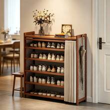 6-Tier Free Standing Shoe Rack, Bamboo & Density Board Storage, Top Shelf For Keys, Front Privacy Curtain, Entryway Doorway Organizer - Brown - View 7