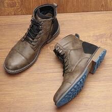Men's Vintage Boots, Colorblock Upper, Rubber Dual-Color Non-Slip Sole, Inner Zipper, Outdoor Casual Ankle Boots - Grey - View 3