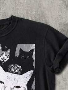 Fun Gangster Cat Print T-Shirt, Suitable For Summer And Autumn, Perfect For Daily Wear Casual Black - Black - View 4